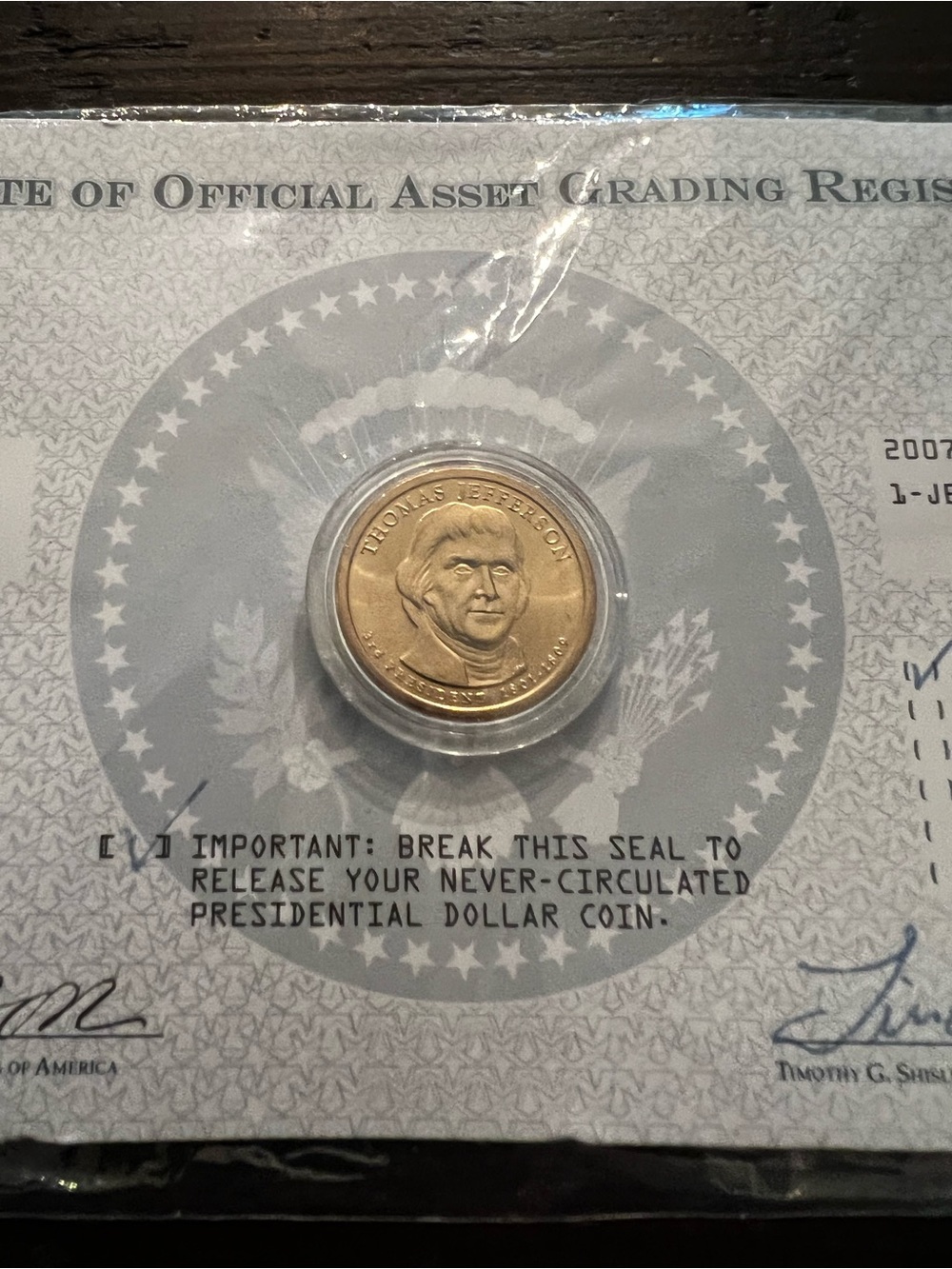 Thomas Jefferson Presidential Dollar Coin - Uncirculated (2007)
